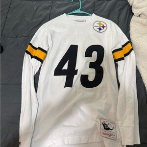 White Long sleeve steelers jersey, polamalu 43